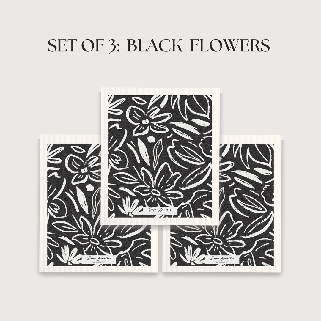 Set of 3 Swedish Dishcloth: Earthy Florals Black